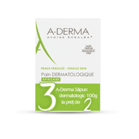 A- Derma Sapun dermatologic 100 g oferta (3 bucati la pret de 2)
