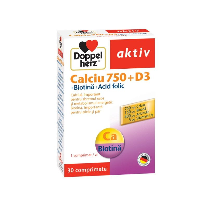 Doppelherz Aktiv Calciu 750 mg + D3 + Biotina + Acid Folic 30 Comprimate